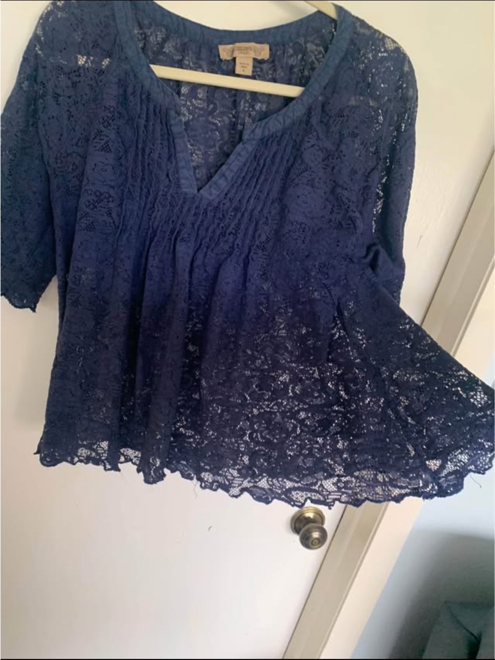 Vintage America Navy Blue Lace V-Neck Blouse